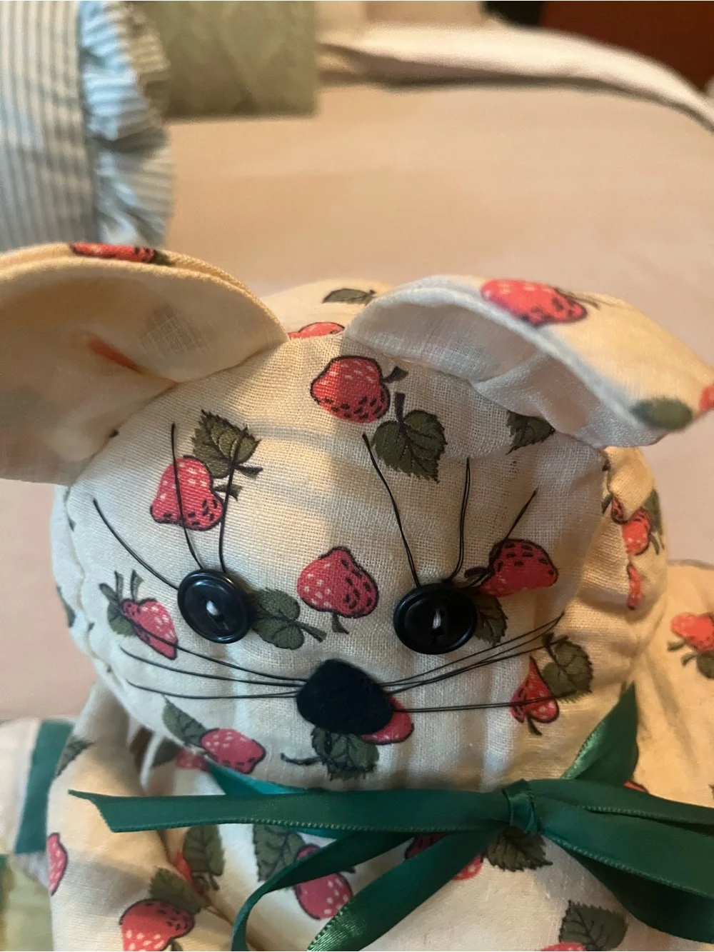 Handmade Plush Strawberry Cat Cream with Red Strawberries in basket